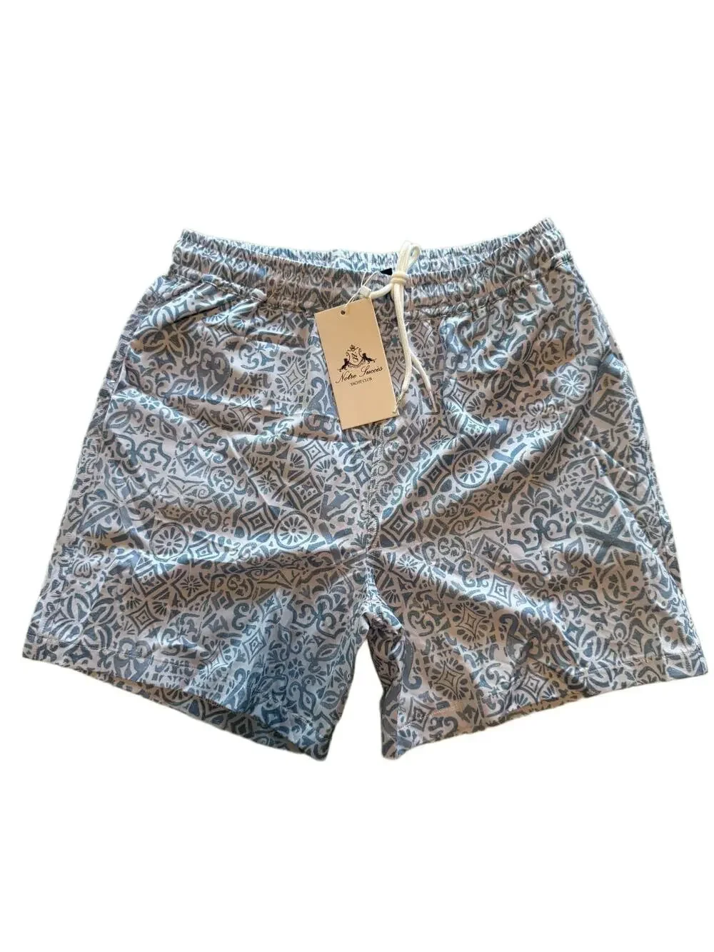 Notre Succes Yacht Club Mens Swim Trunks S Blue White Tile Print Lined Shorts NW
